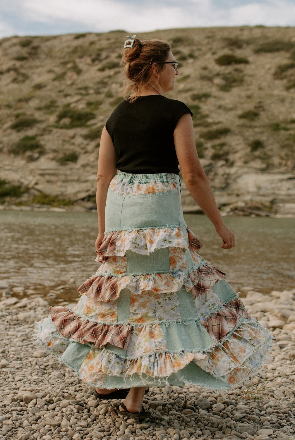 Washed Plaid & Flower Ruffle Skirt