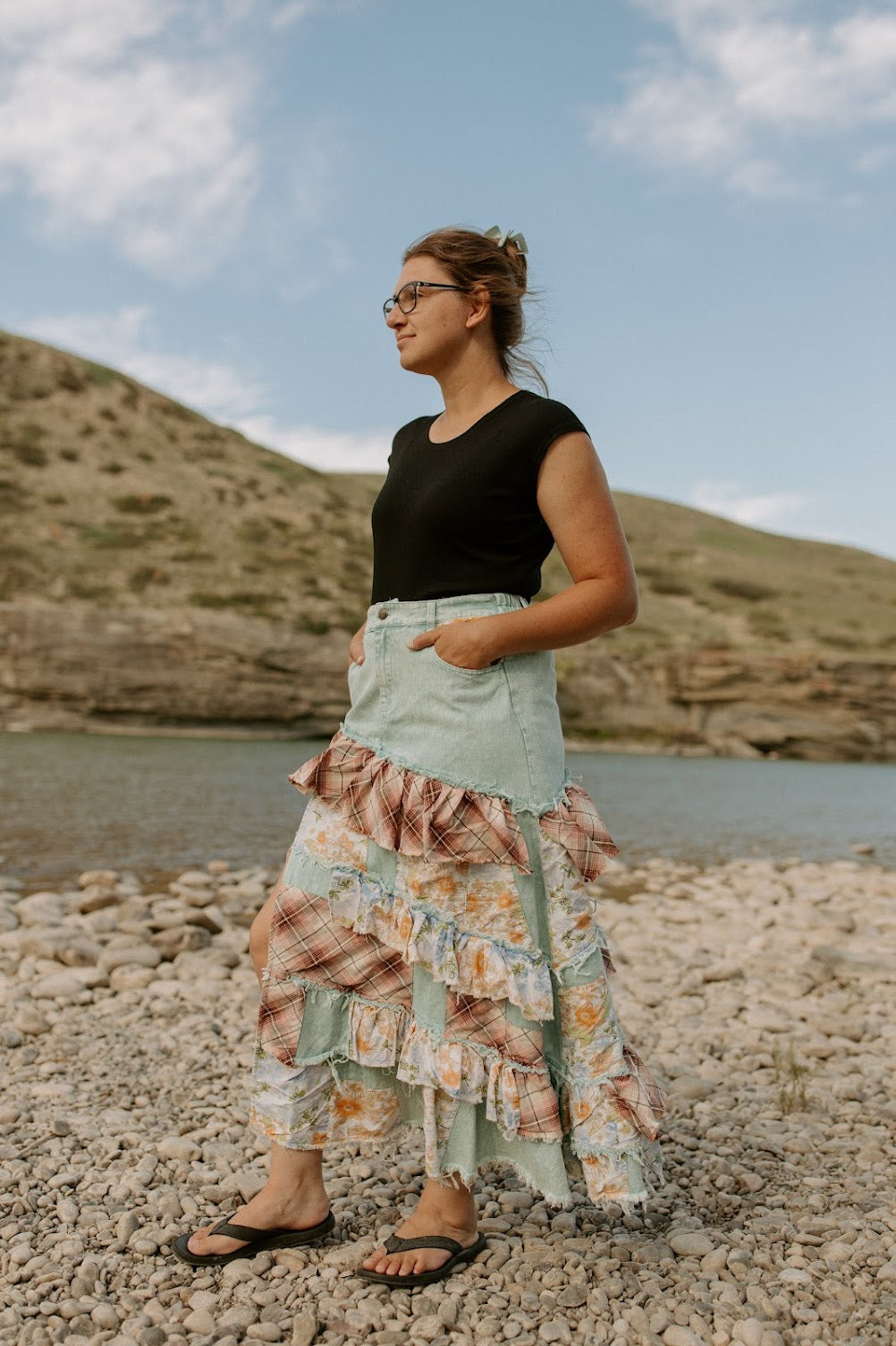 Washed Plaid & Flower Ruffle Skirt