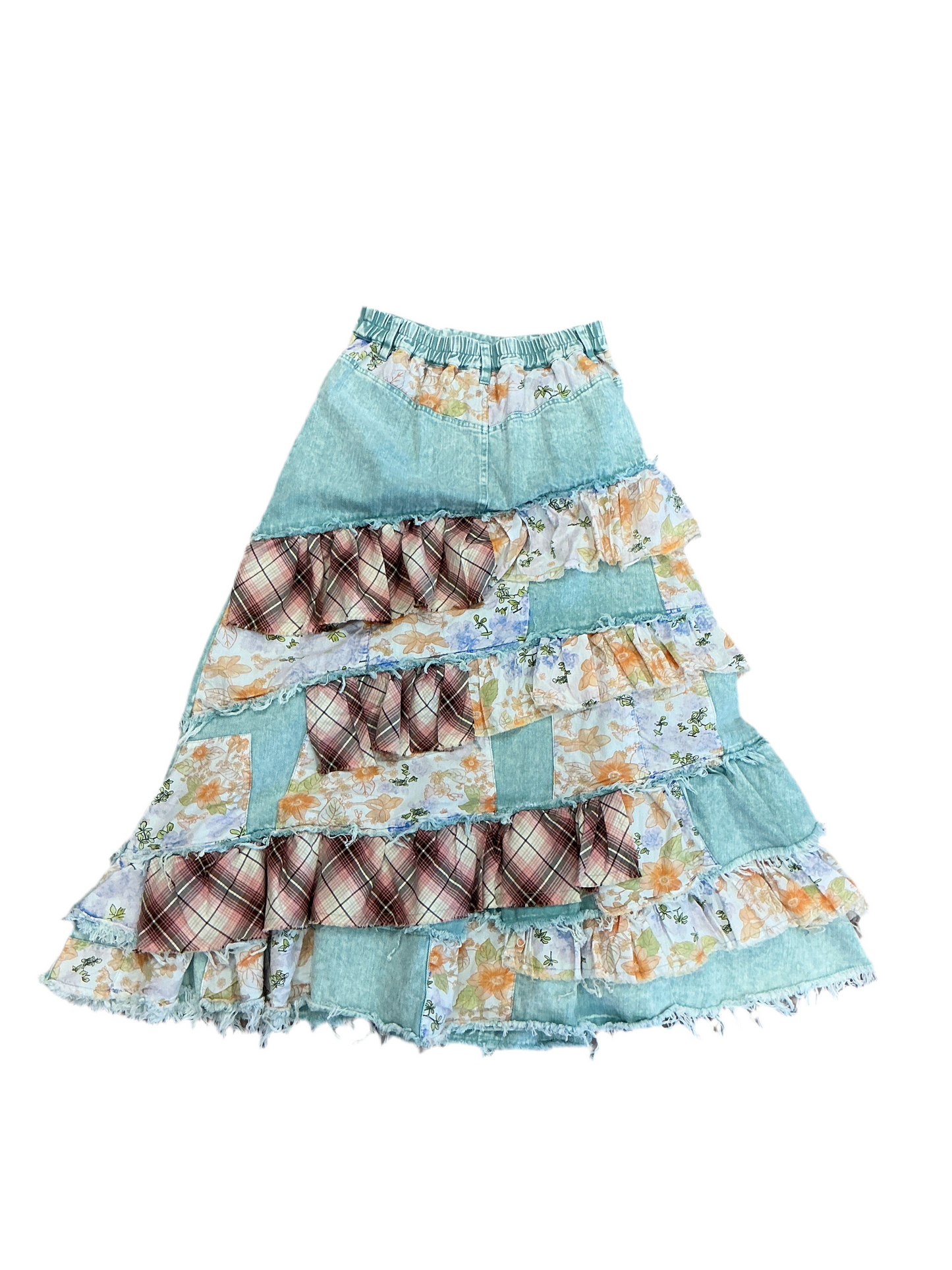 Washed Plaid & Flower Ruffle Skirt