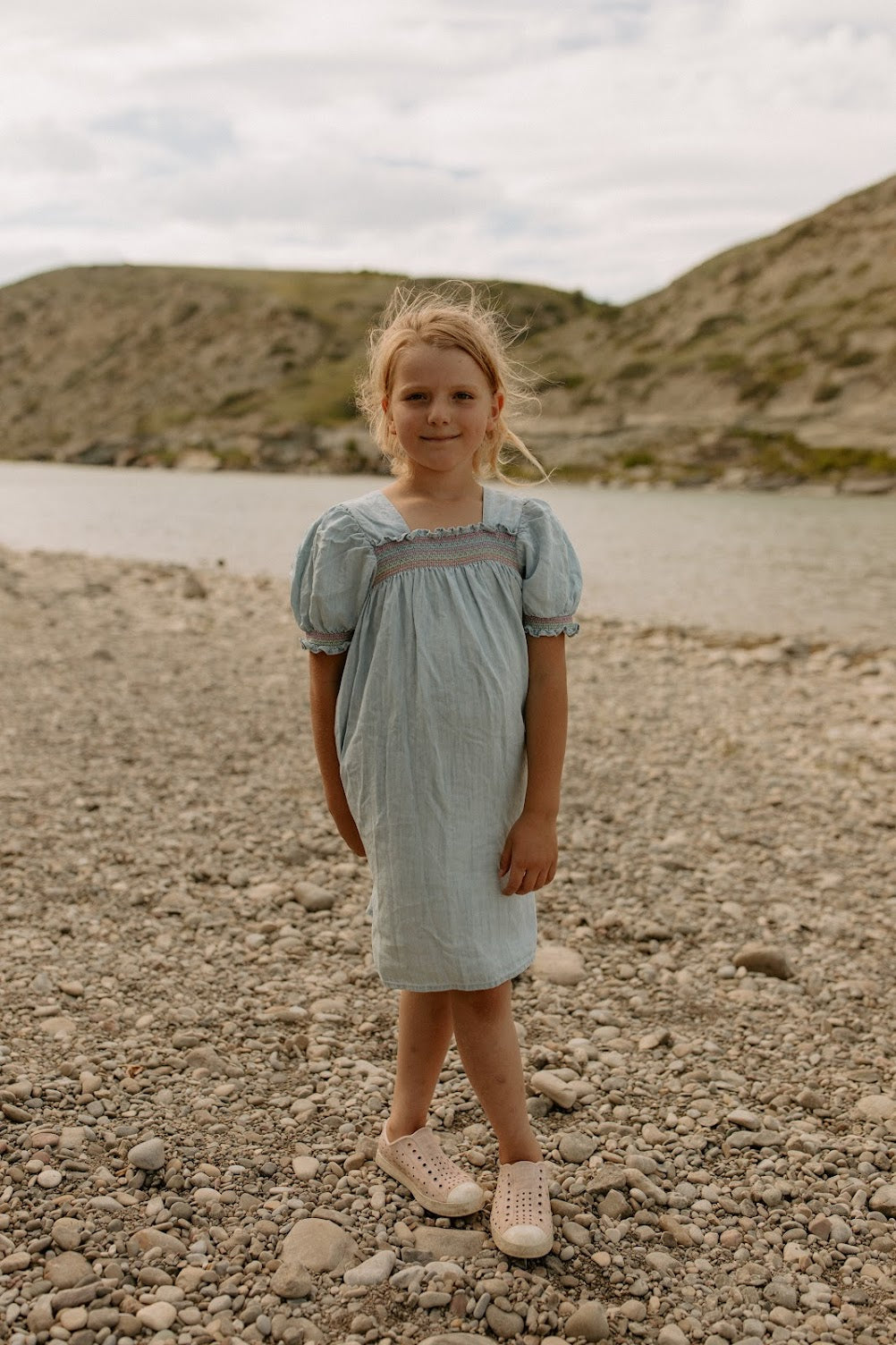 Soft Blue Denim Puff Sleeve Smocked Dress
