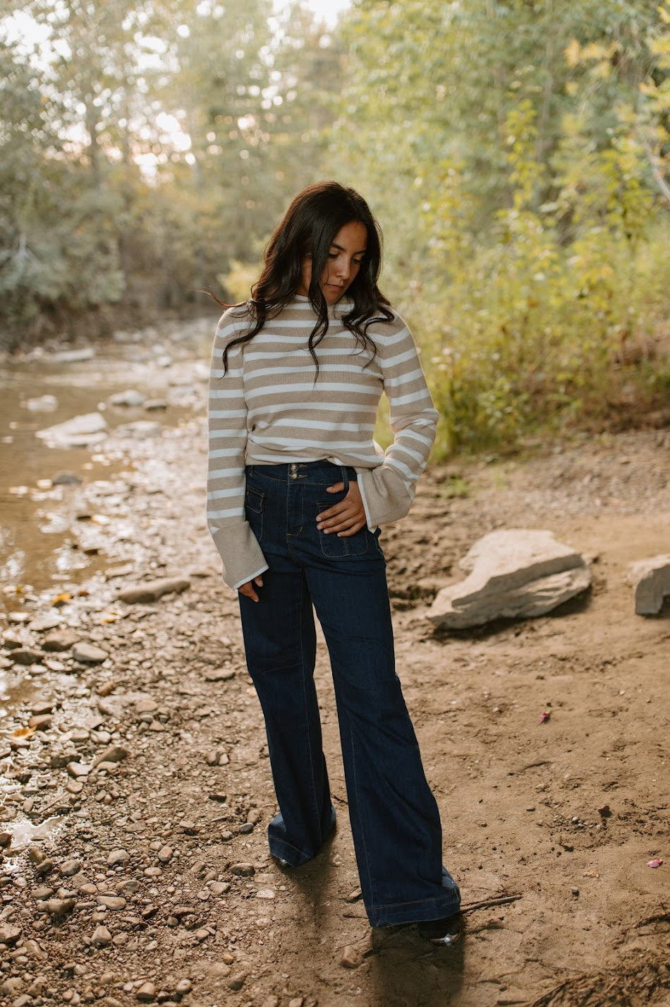 Beige Striped Mockneck Pullover