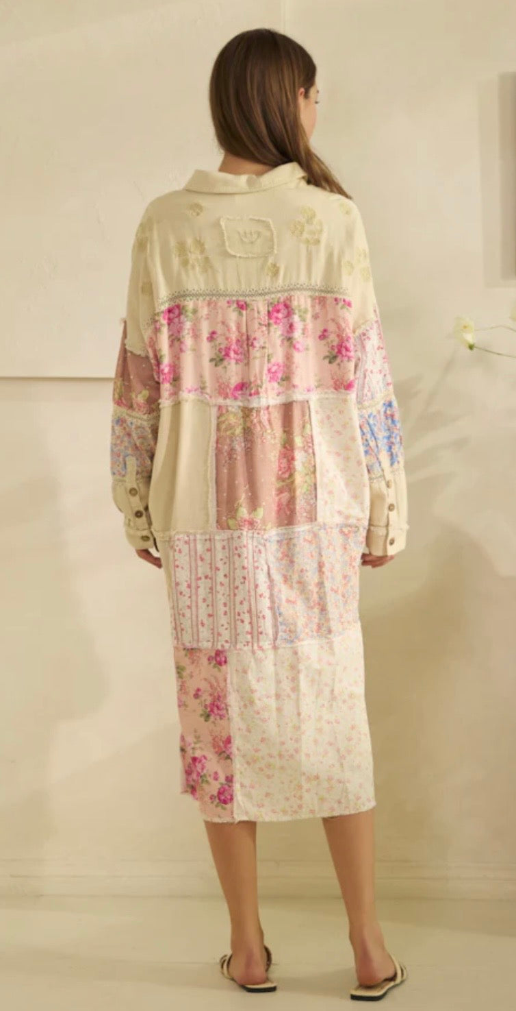 Washed Multi Print Pieced Long Shirt