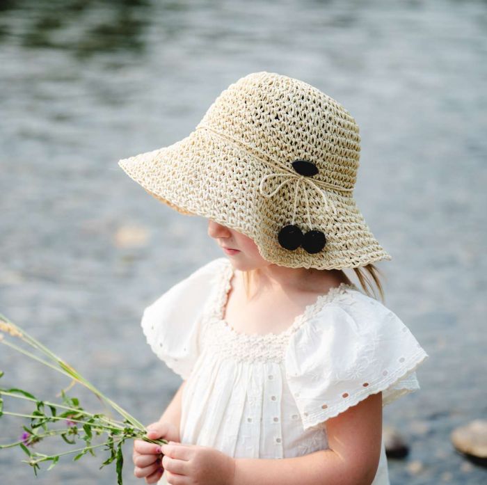 Kids Pom Pom Straw Fedora