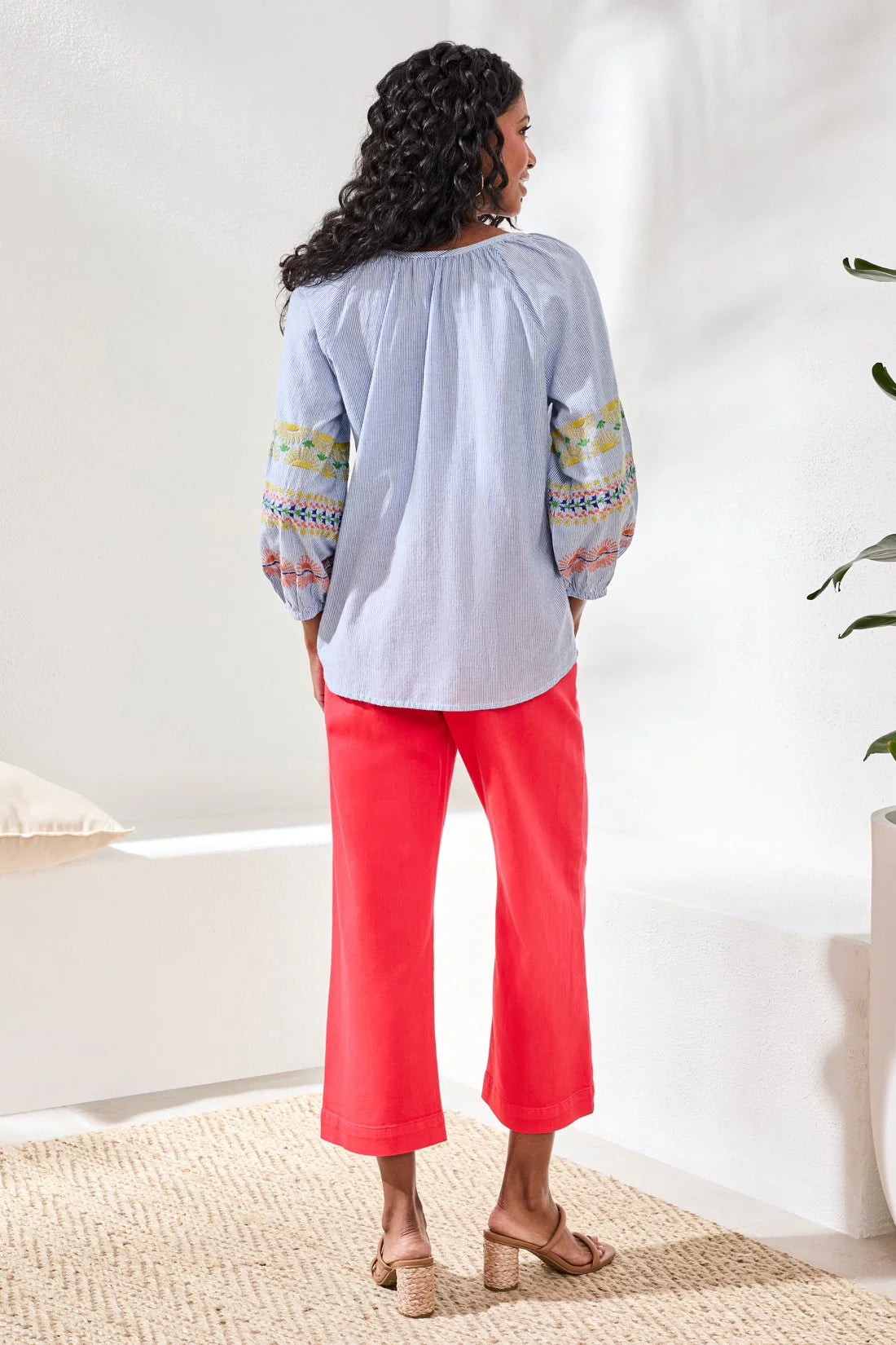 Embroidered Raglan Sleeve Striped Blouse
