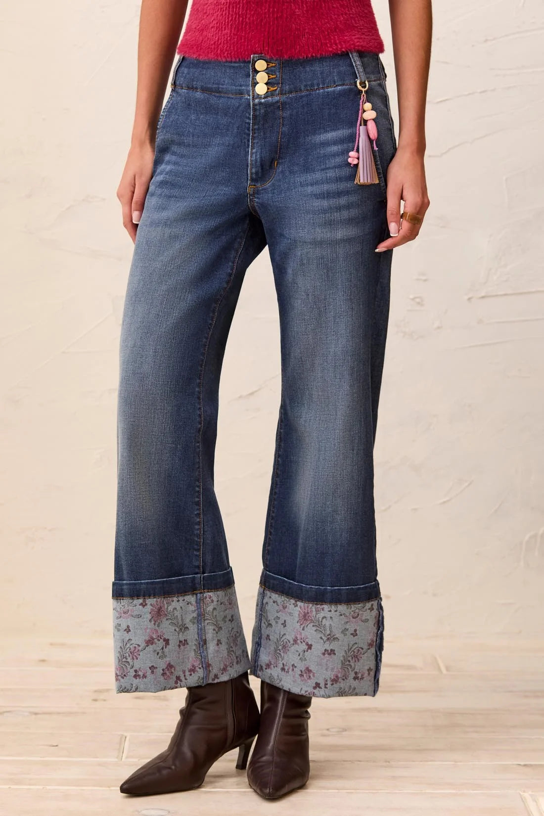 Audrey Palazzo Floral Printed Cuff Jeans