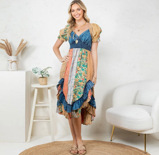 Ruffled Patchwork Midi Dress