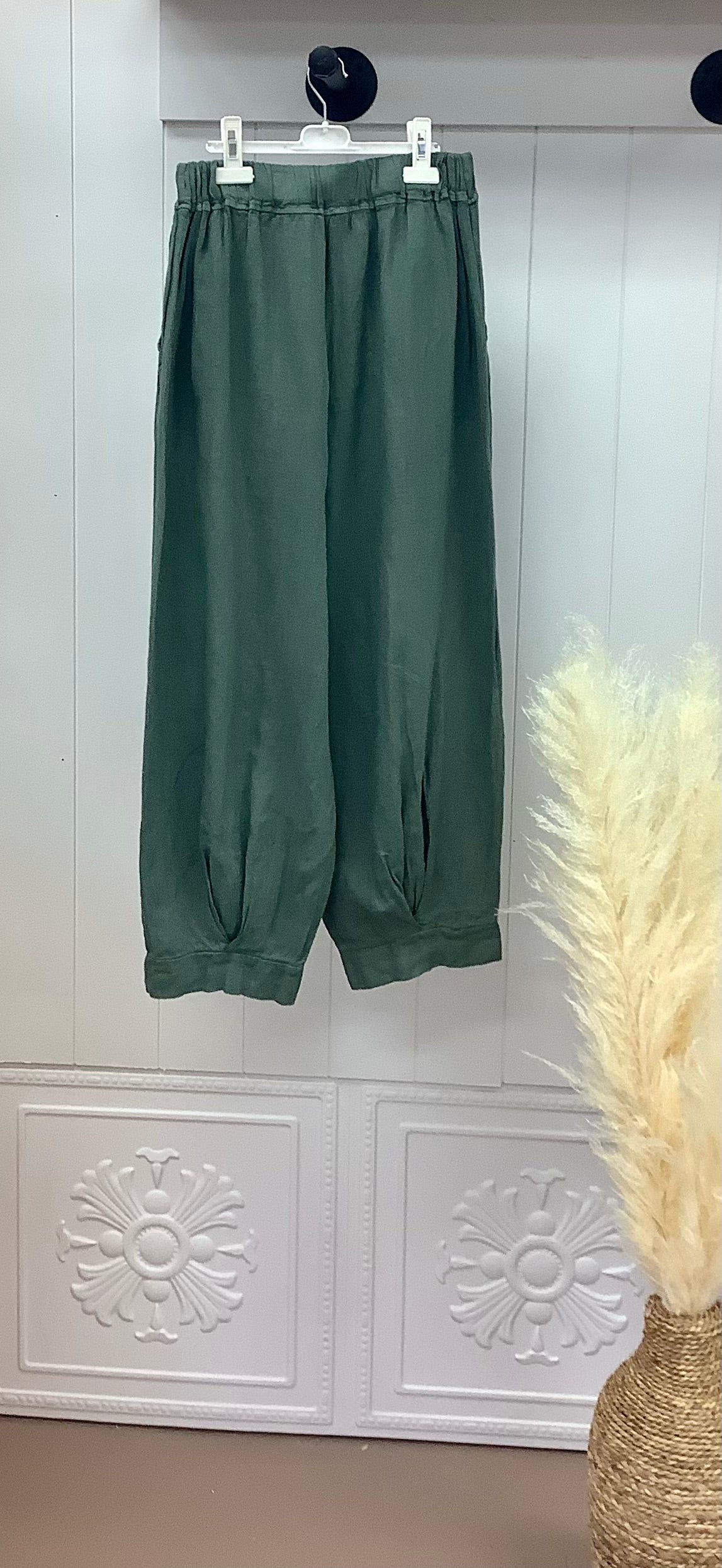 Olive Linen Pleat Pants
