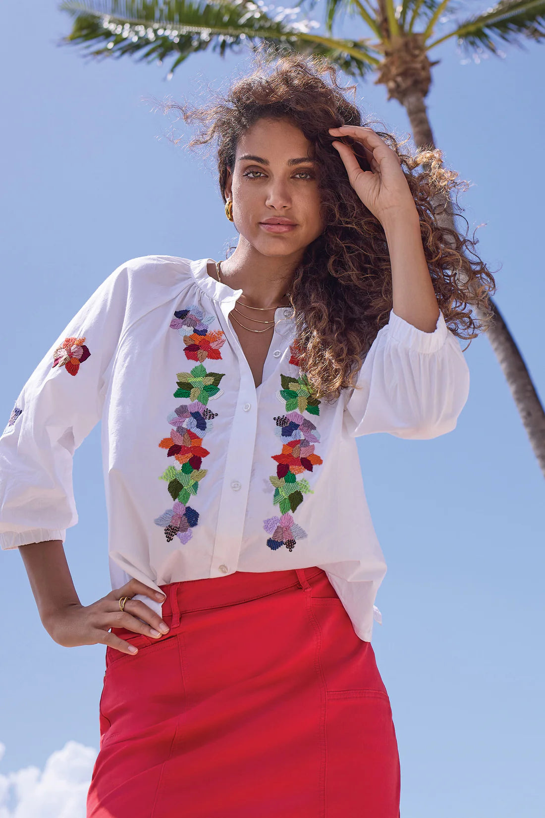 3/4 Sleeve Embroidered Button Front Blouse
