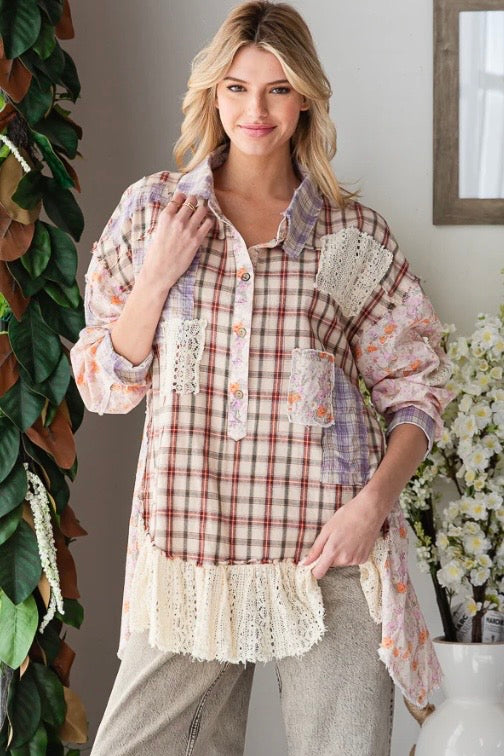 Washed Ruffle Lace Hem Button Up