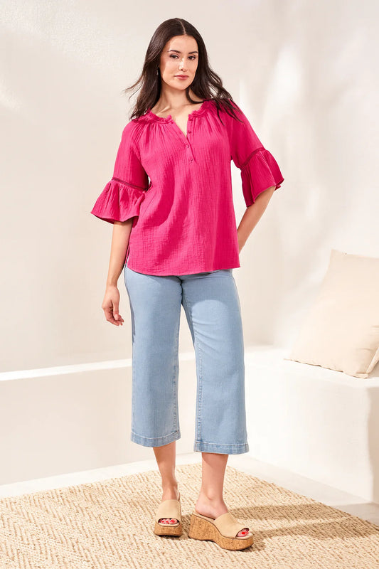 Crinkle Gauze Split Neck Blouse