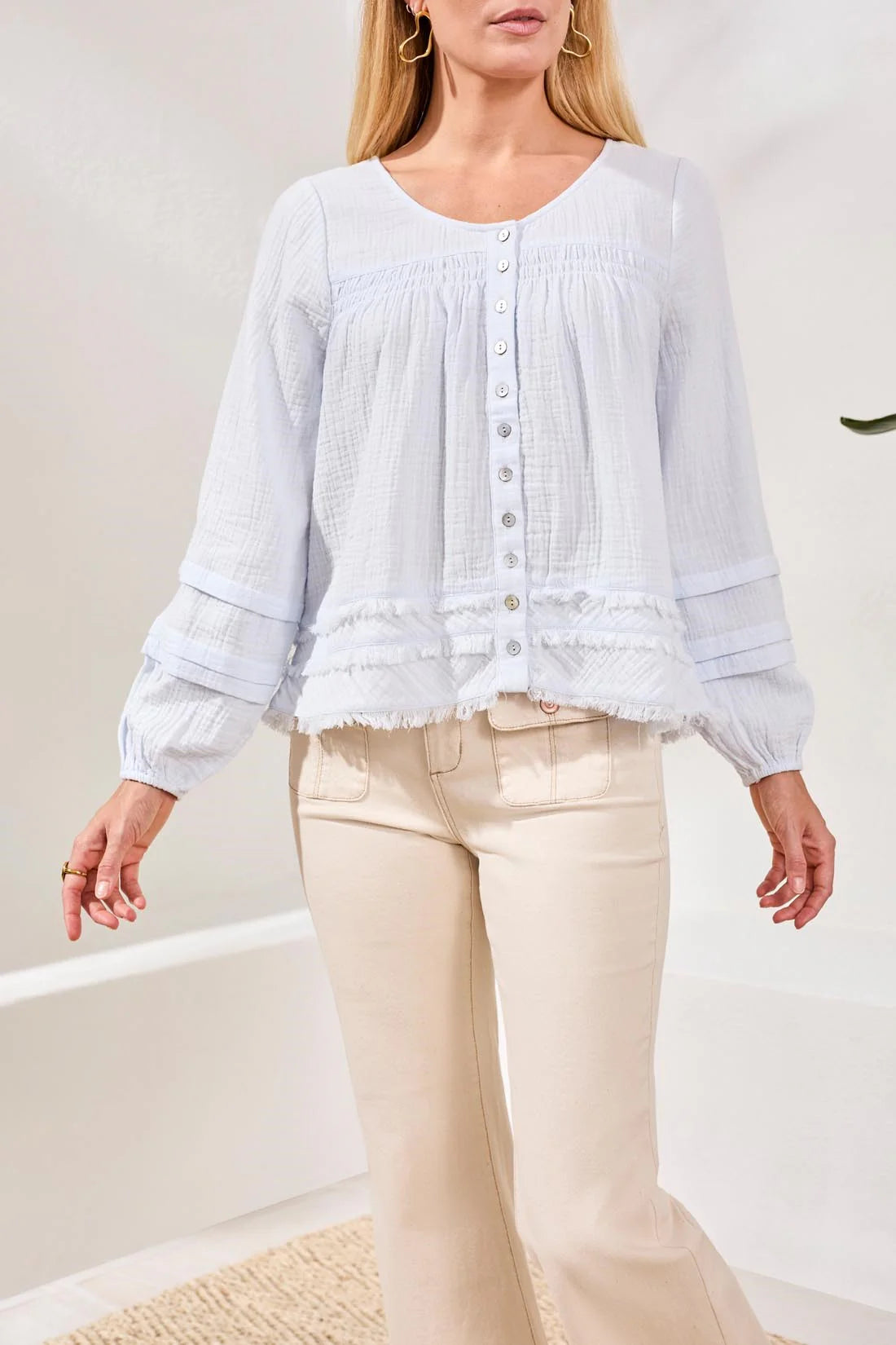 Crinkle Gauze Button-Front Blouse