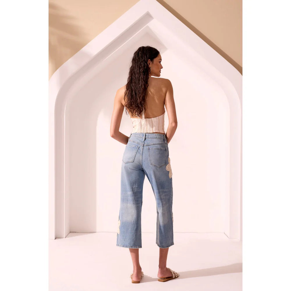 Audrey Wide Leg Cropped Jeans With Crochet