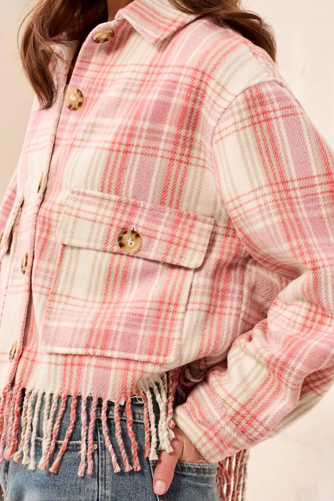 Plaid Cropped Shacket With Fringe