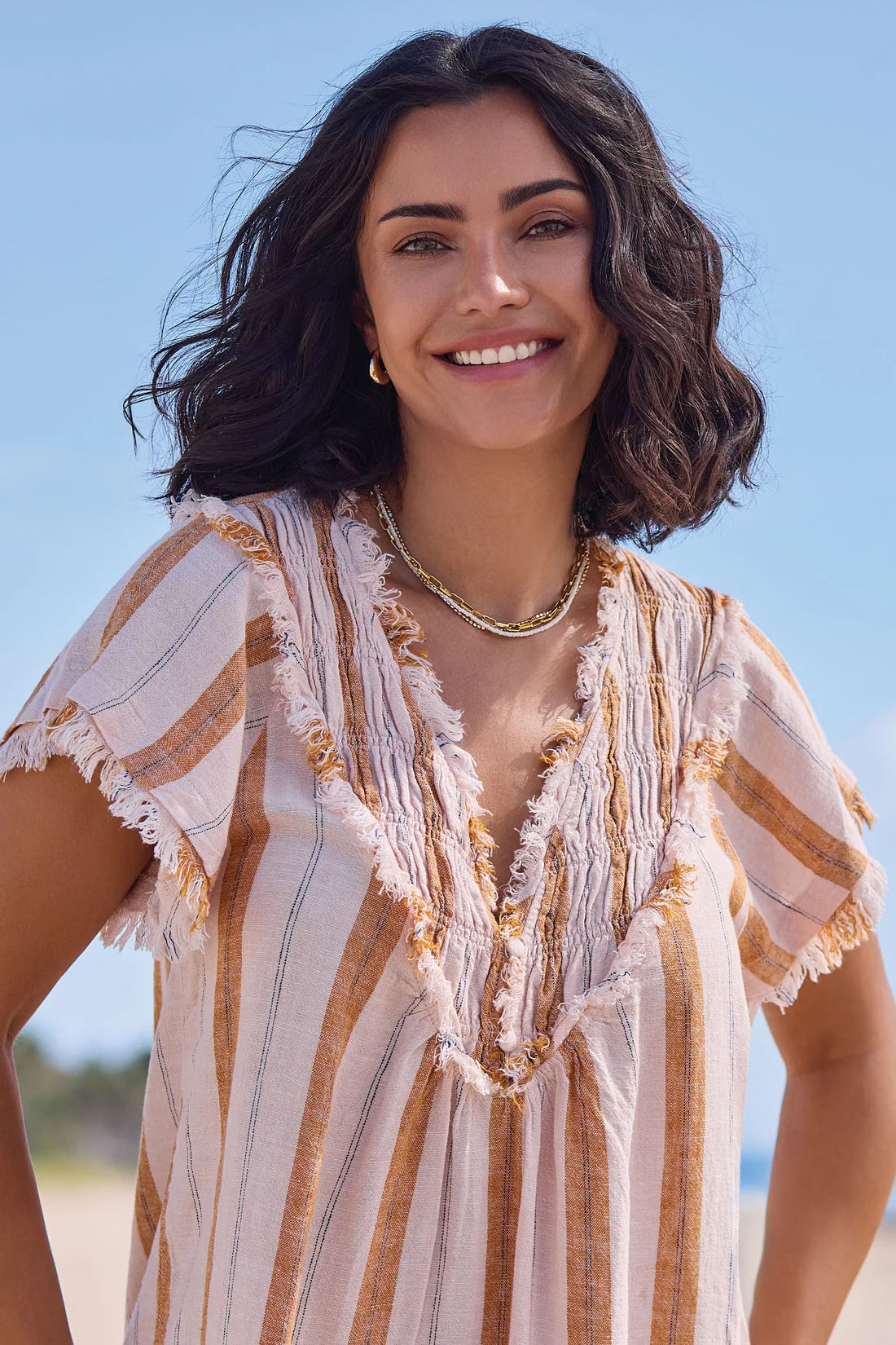Linen Smocked V-neck Short-sleeve Blouse