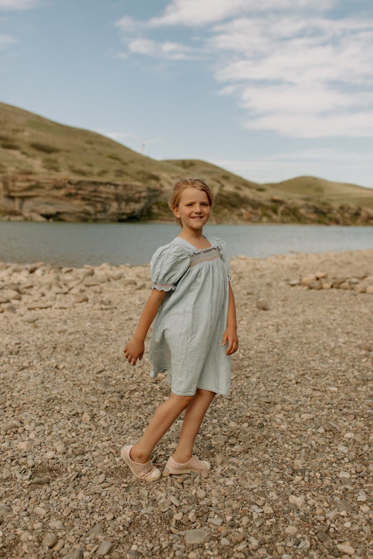 Soft Blue Denim Puff Sleeve Smocked Dress
