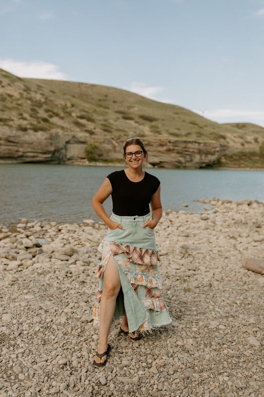 Washed Plaid & Flower Ruffle Skirt
