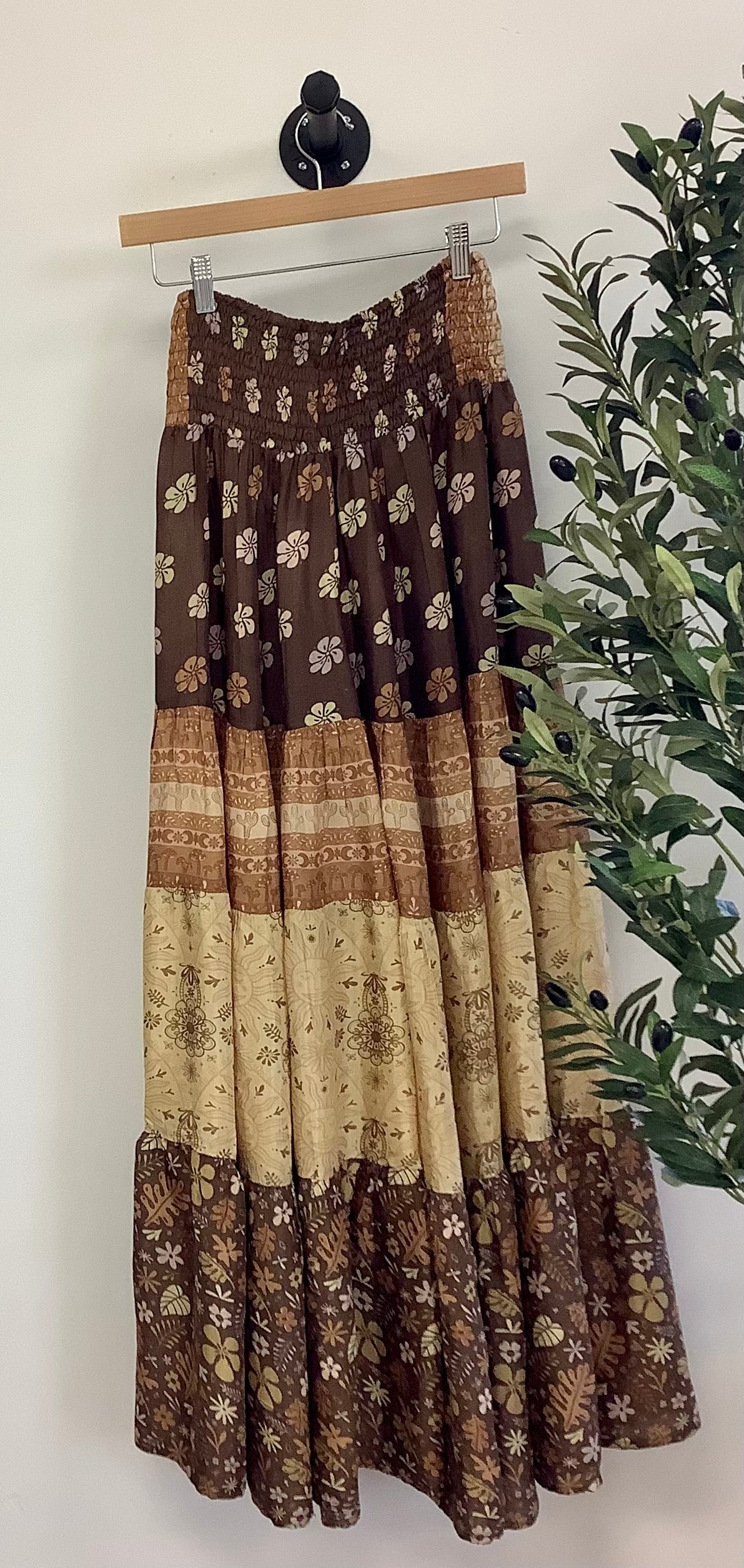 Bohemian Earthy Silk Tiered Maxi Skirt