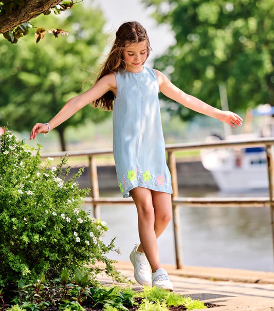 Girls Tencel Embroidered Pinafore Dress