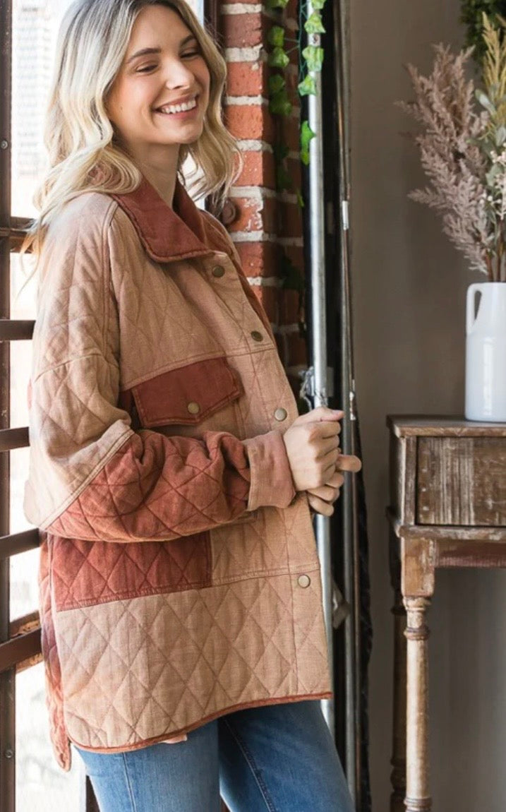 Washed Colorblock Quilted Button Down Jacket