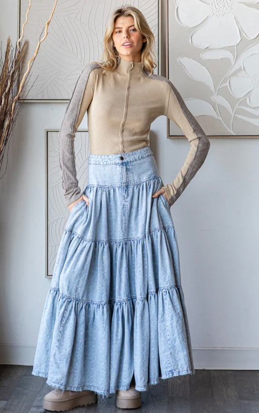 Washed Printed Maxi Tiered Denim Skirt