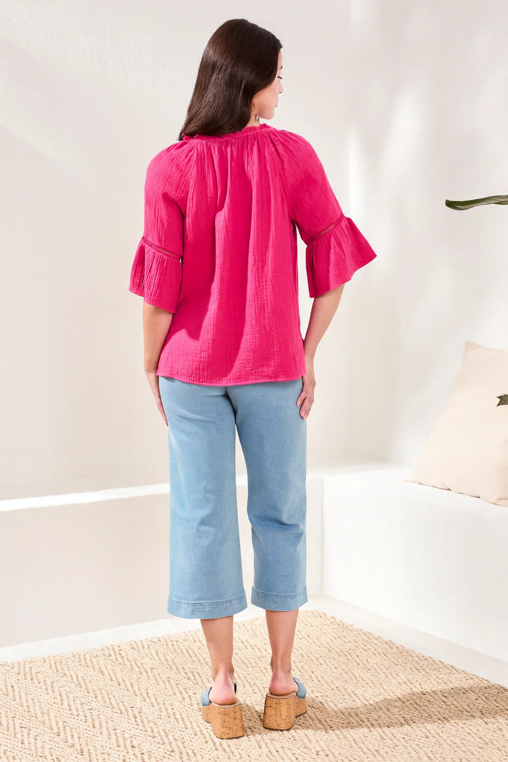 Crinkle Gauze Split Neck Blouse