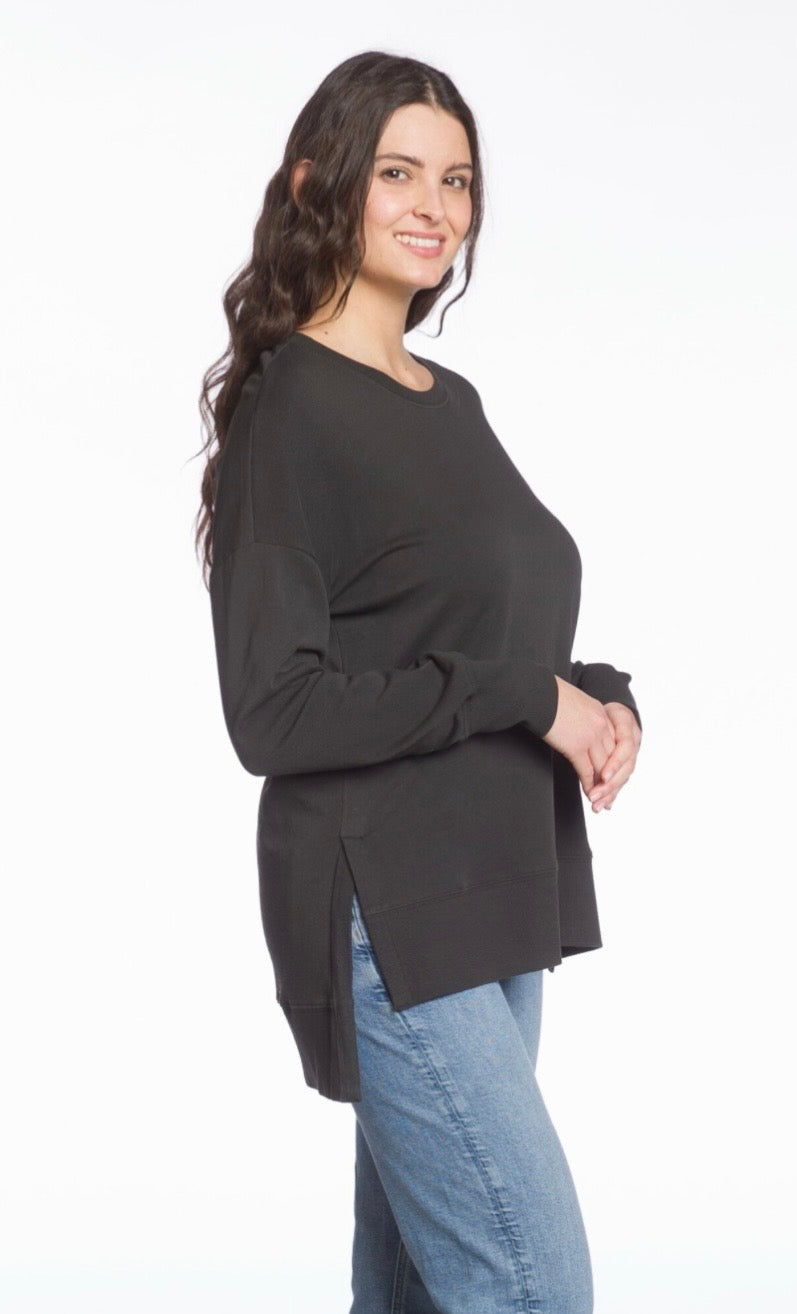 Long Sleeve Crewneck With High-Low Hem - Black