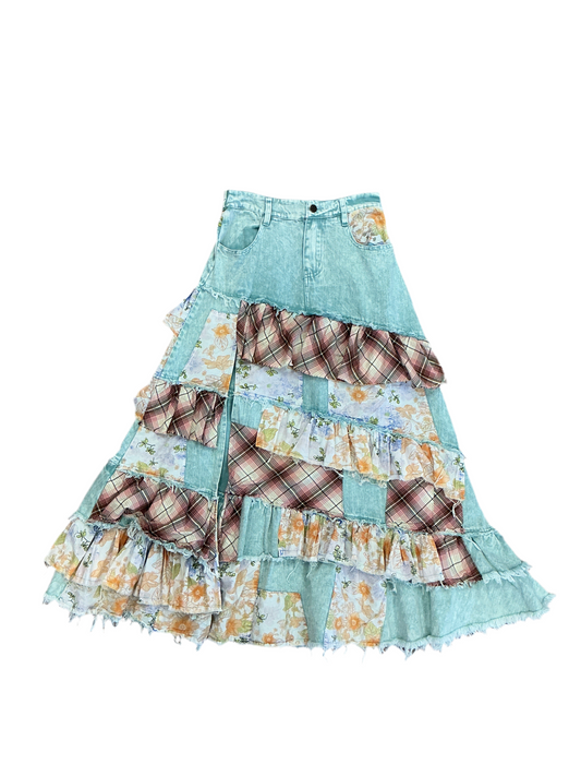 Washed Plaid & Flower Ruffle Skirt