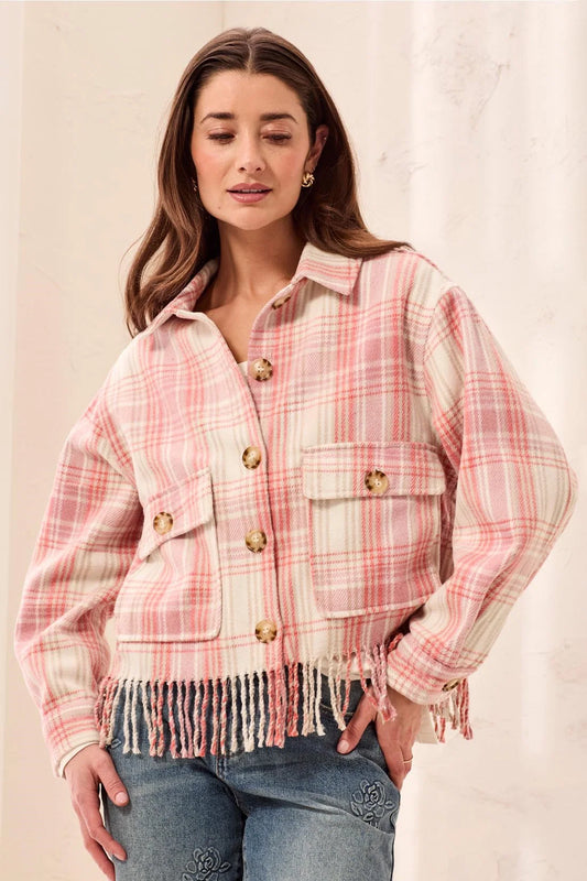 Plaid Cropped Shacket With Fringe