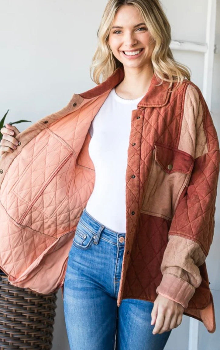 Washed Colorblock Quilted Button Down Jacket