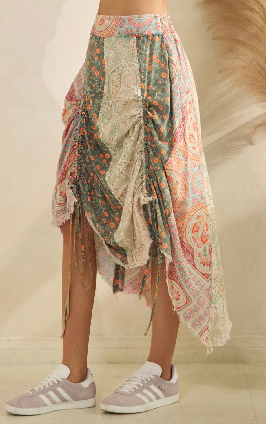 Cinched Pieced Print Midi Skirt - Sage