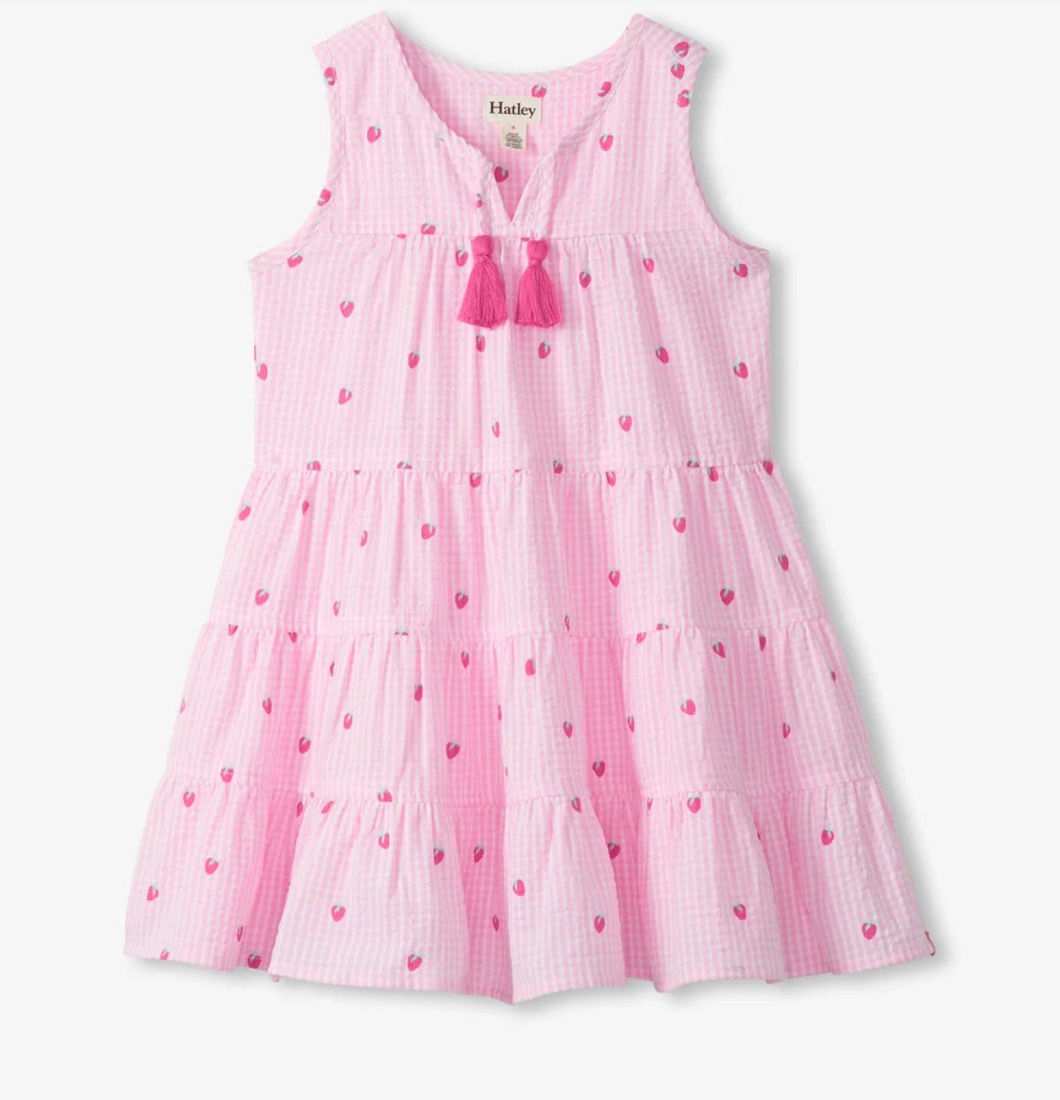 Girls Gingham Strawberry Tiered Dress