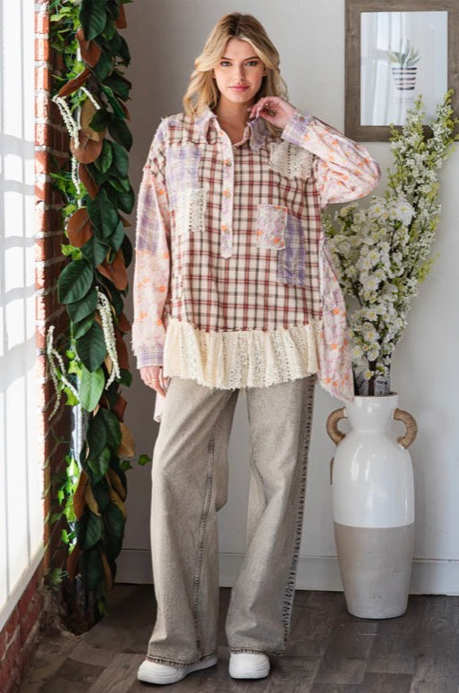 Washed Ruffle Lace Hem Button Up