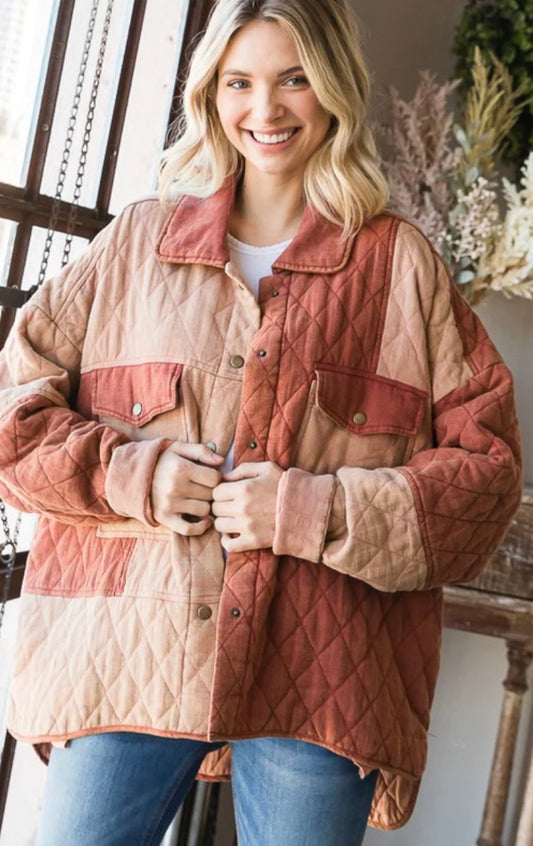 Washed Colorblock Quilted Button Down Jacket