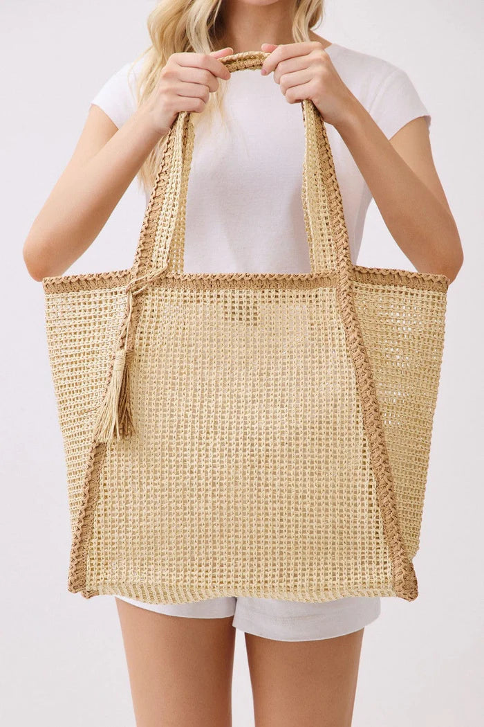 Two Tone Woven Straw Beach Tote