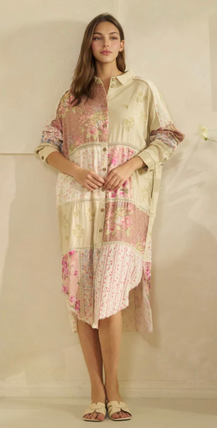 Washed Multi Print Pieced Long Shirt