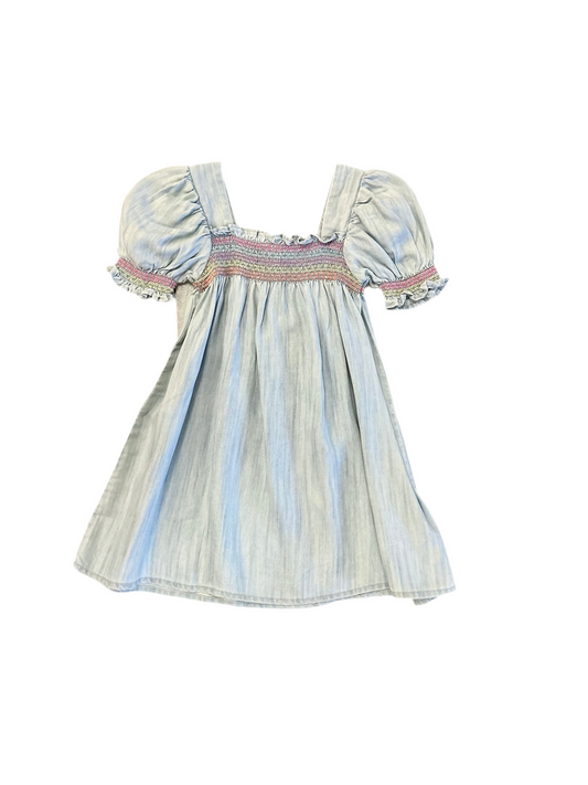 Soft Blue Denim Puff Sleeve Smocked Dress