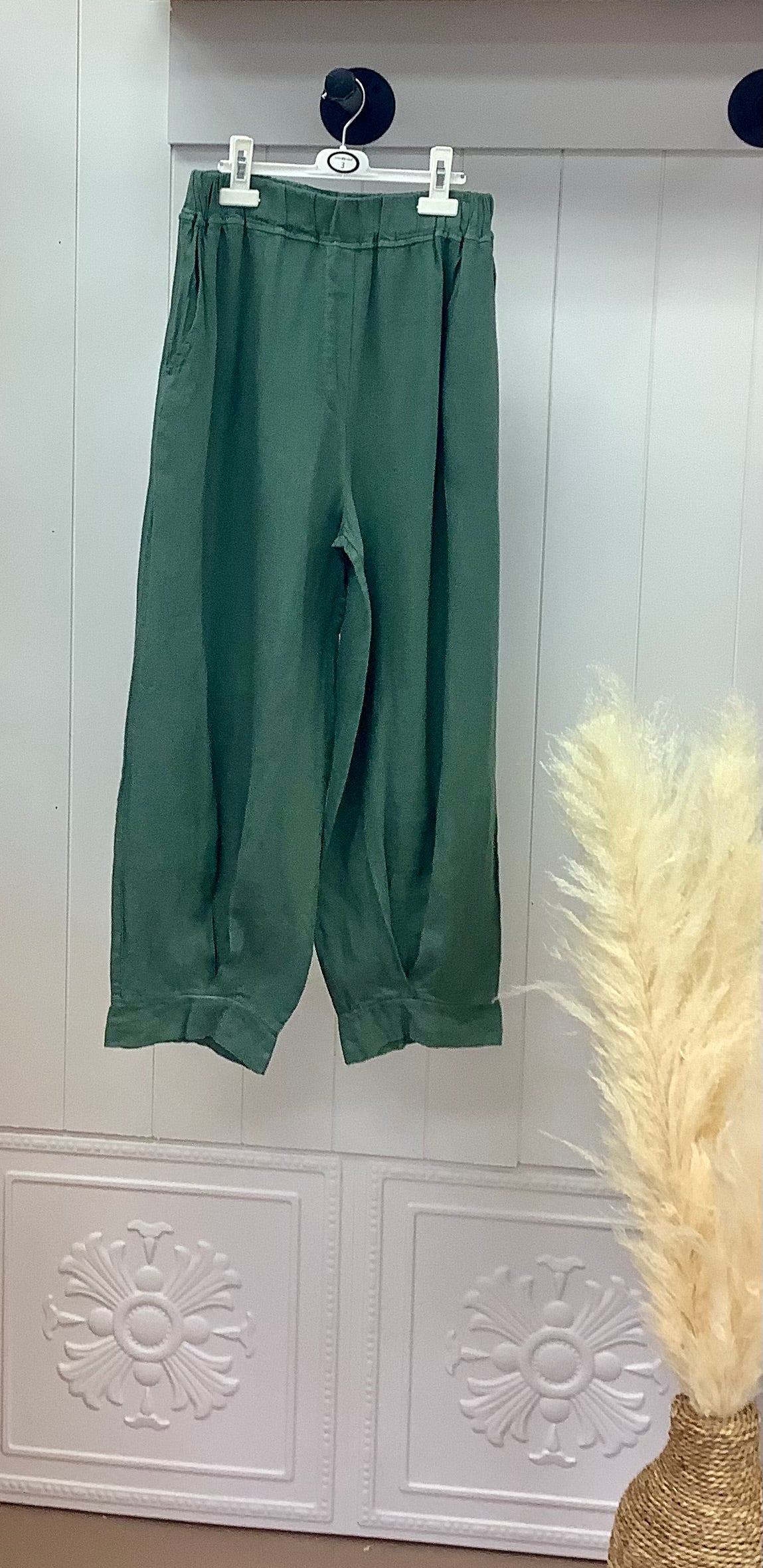 Olive Linen Pleat Pants