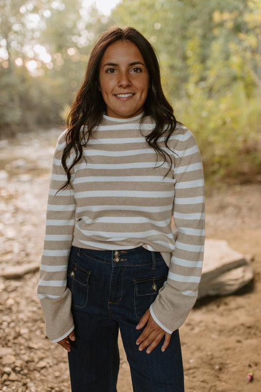 Beige Striped Mockneck Pullover