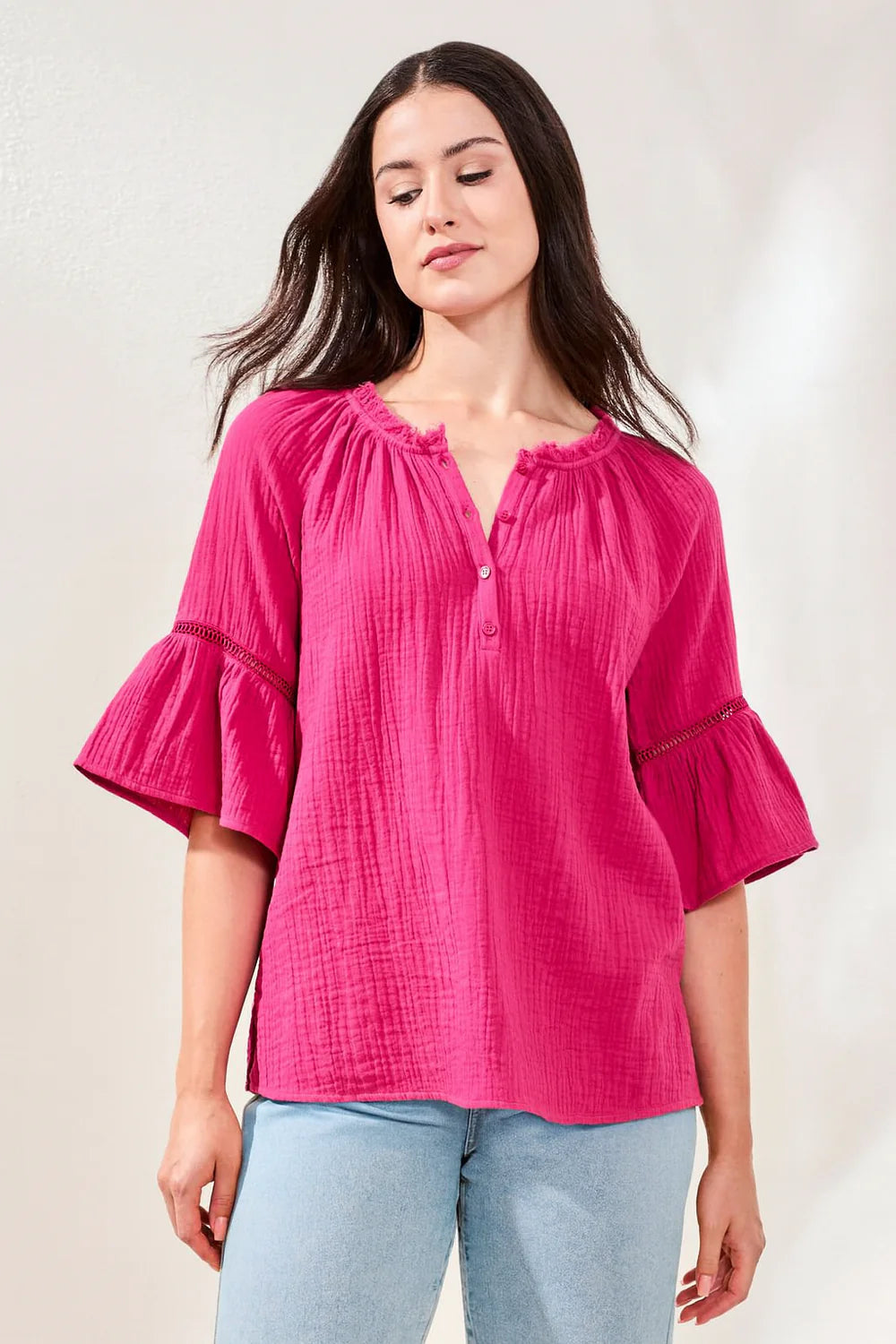Crinkle Gauze Split Neck Blouse