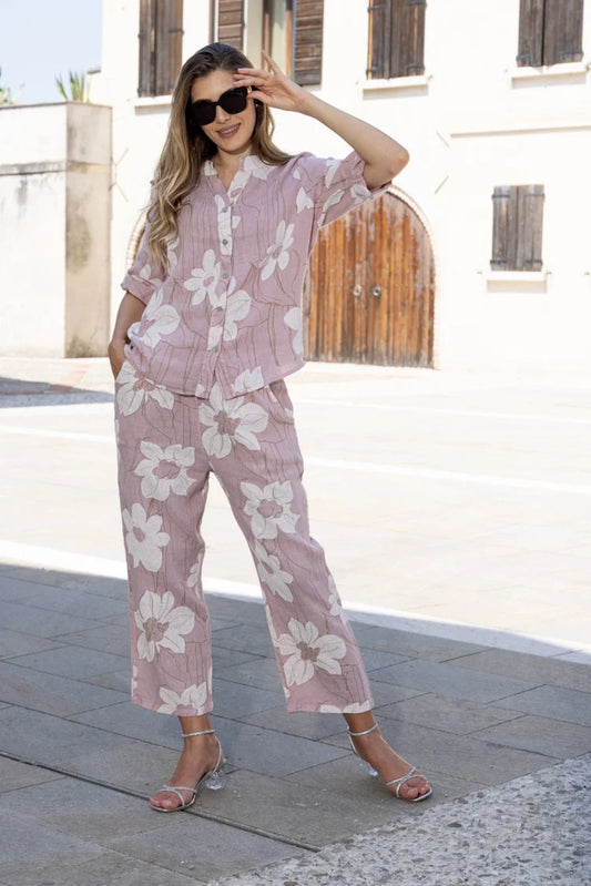 Linen Floral Print Button Up Top