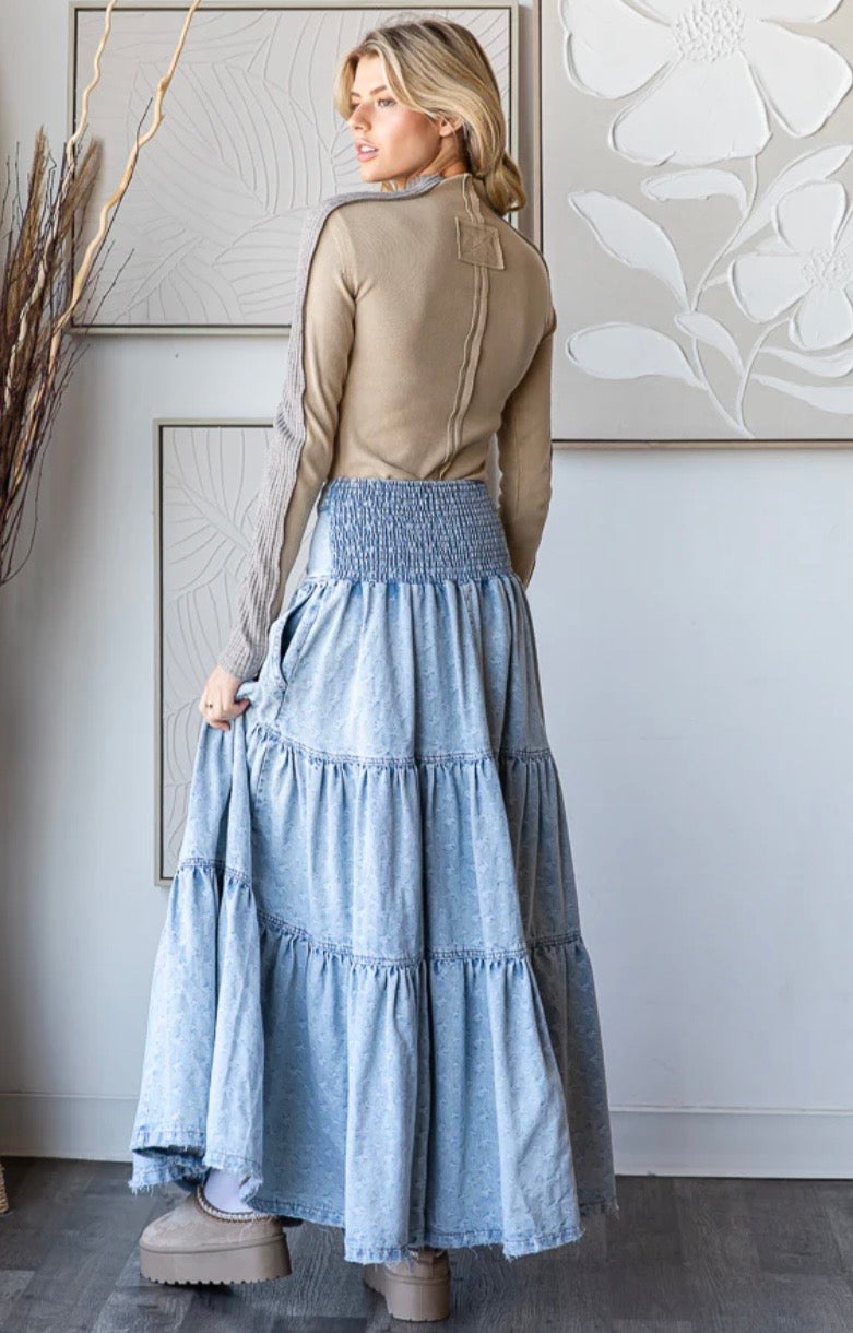 Washed Printed Maxi Tiered Denim Skirt