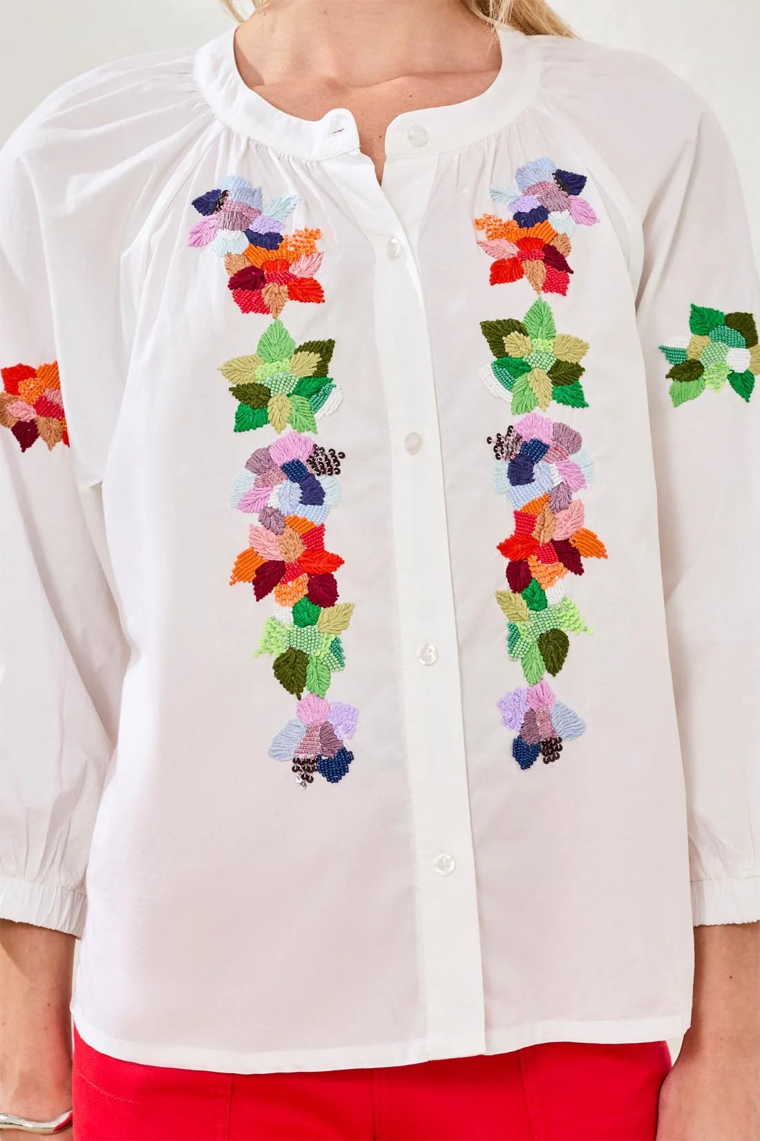 3/4 Sleeve Embroidered Button Front Blouse