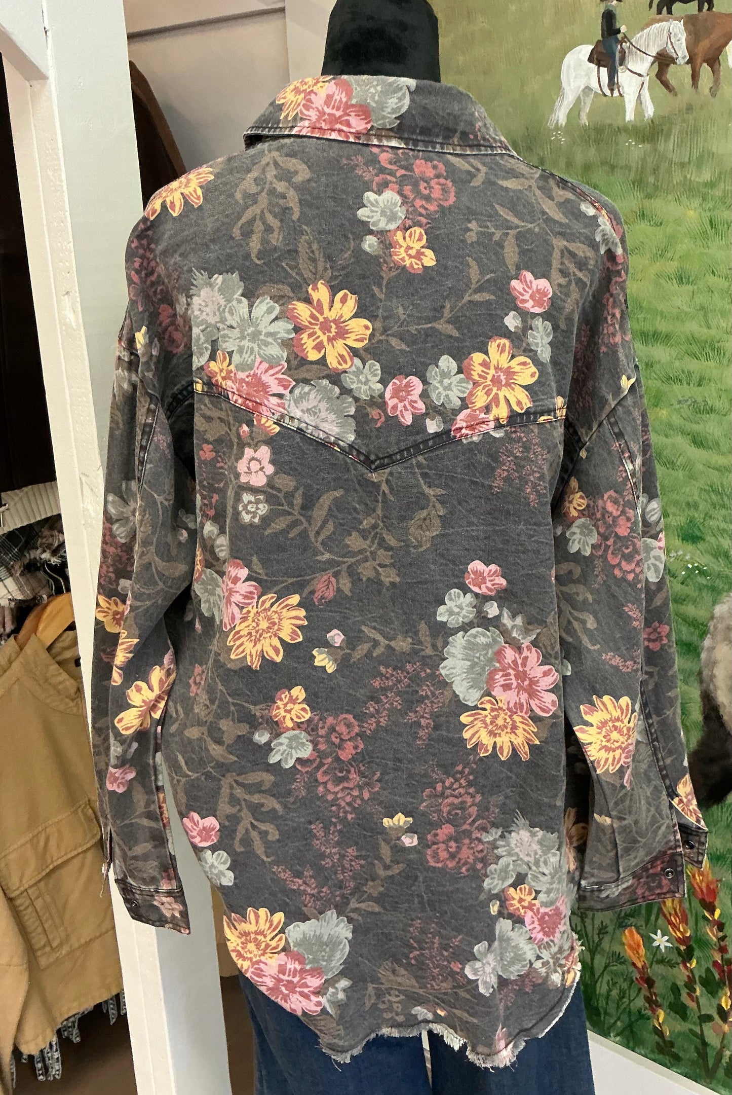 Washed Button Front Flower Patternlong Sleeve Shirt