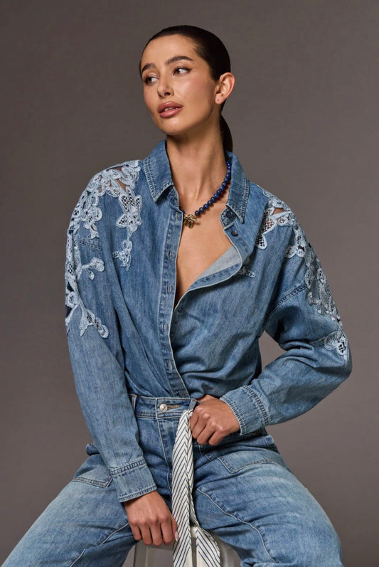 Embroidered Lace Inset Denim Button-up
