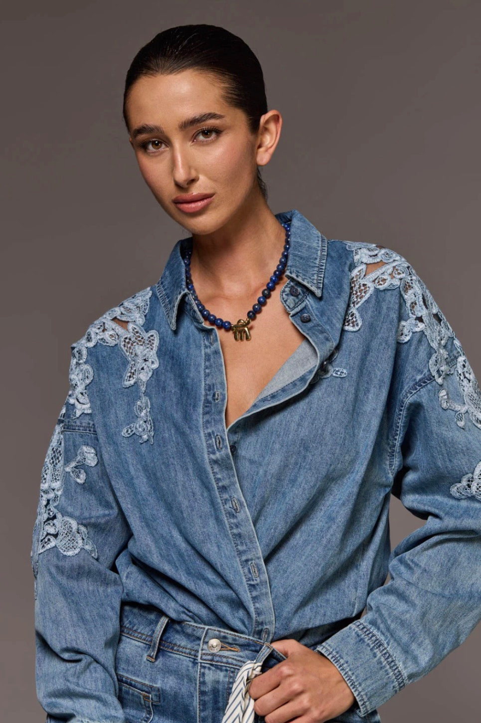 Embroidered Lace Inset Denim Button-up