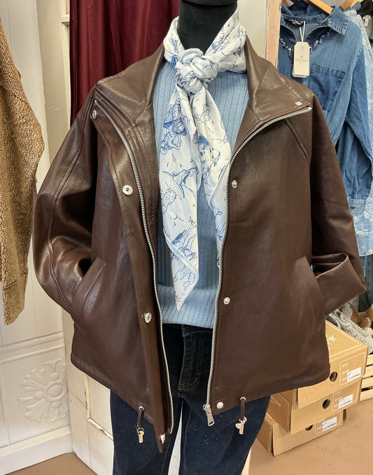 Relaxed Faux Leather Mock Neck Jacket