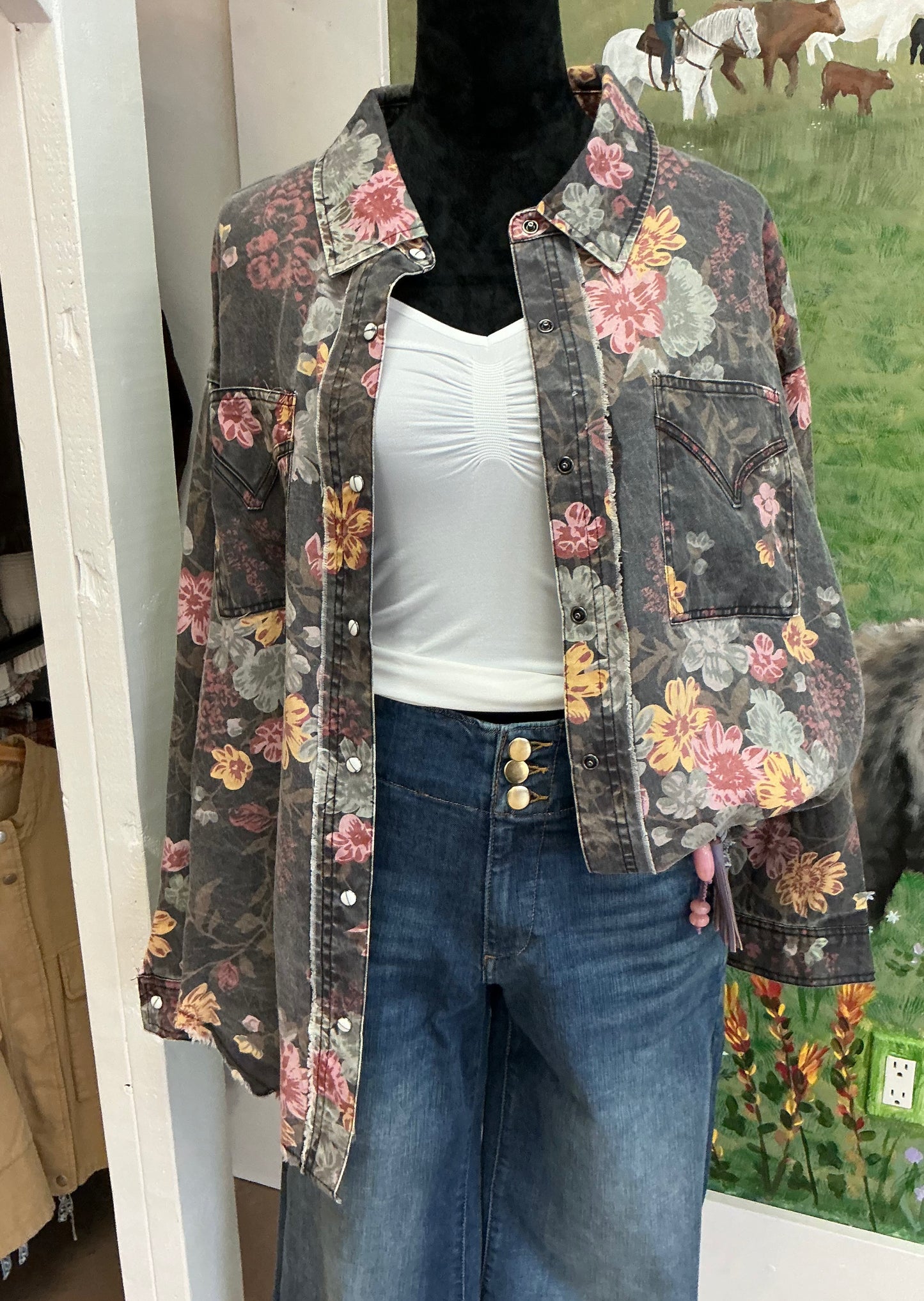 Washed Button Front Flower Patternlong Sleeve Shirt
