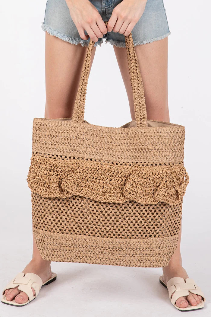 Ruffle Detail Crochet Straw Tote