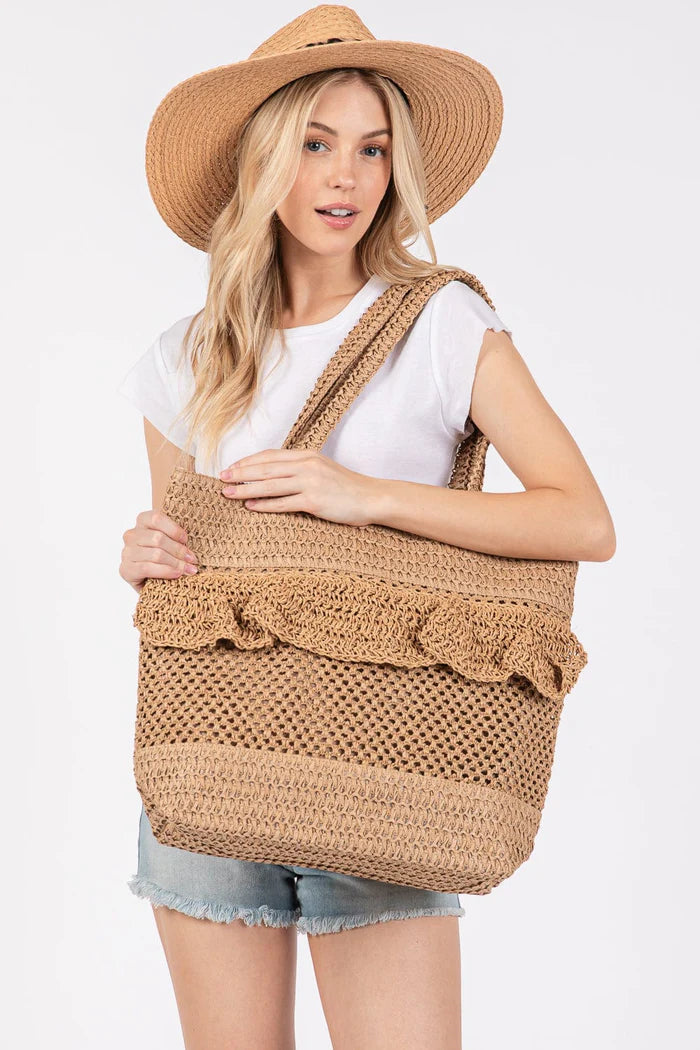 Ruffle Detail Crochet Straw Tote