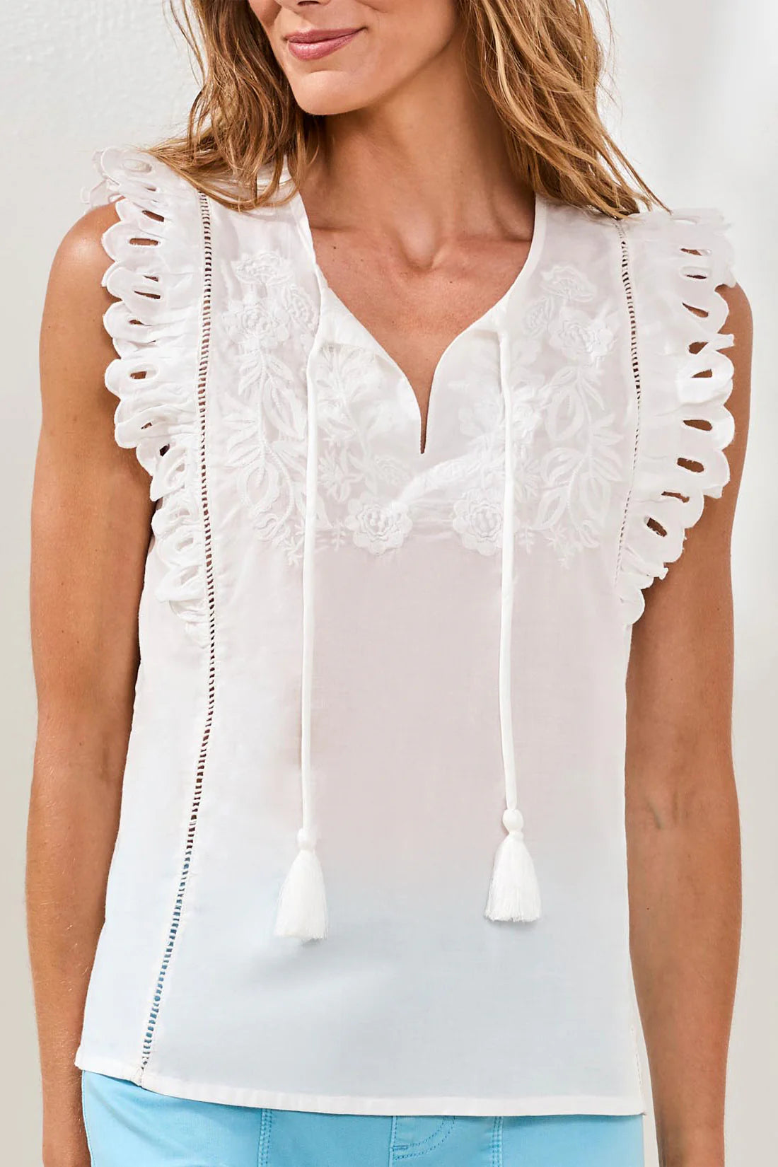 Cap Frill Sleeve Embroidered Poplin Blouse - OceanPearl